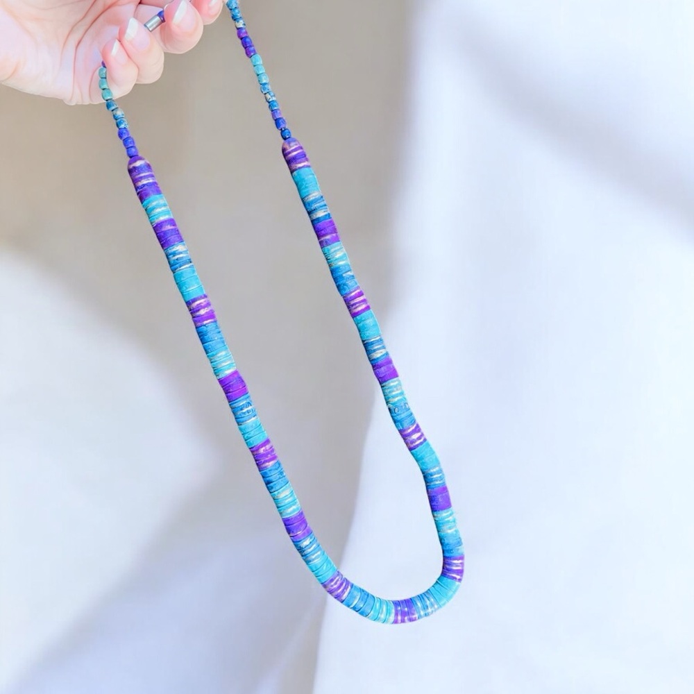 Bohemian Wooden Purple Blue Single Strand Necklace Rustic